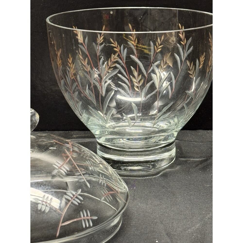 Fifth Avenue Crystal Glass Candy Dish Bowl w Lid Cut Etched Romania 9" Tall